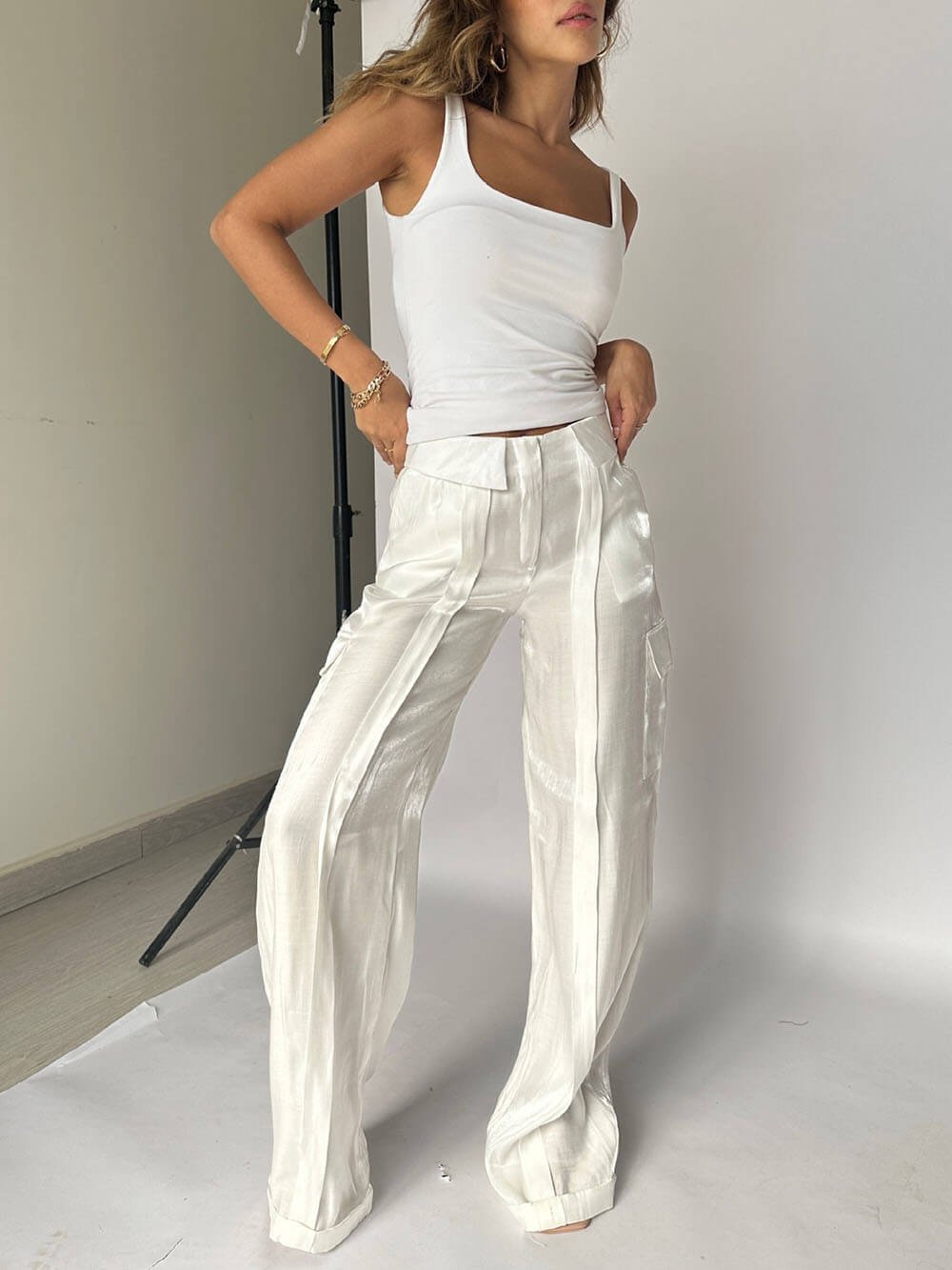 Owronline - Golden Years Glitter Fabric Drawstring Waist Bag Wide Leg Pants