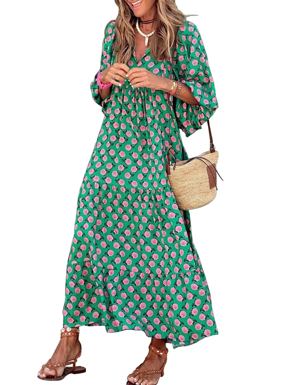 Owronline - Women's Puff Sleeve Floral Boho Maxi Dress