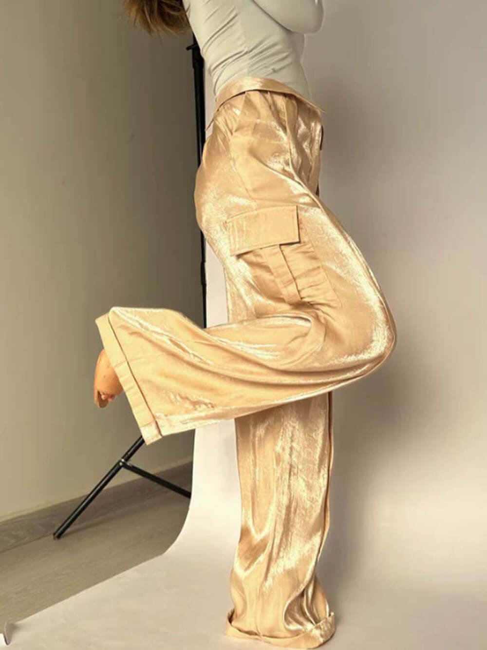 Owronline - Golden Years Glitter Fabric Drawstring Waist Bag Wide Leg Pants
