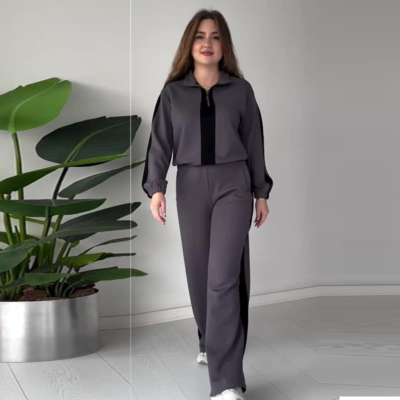 Owronline - Women's Zipper Lapel Tops & Pants 2-Piece Set