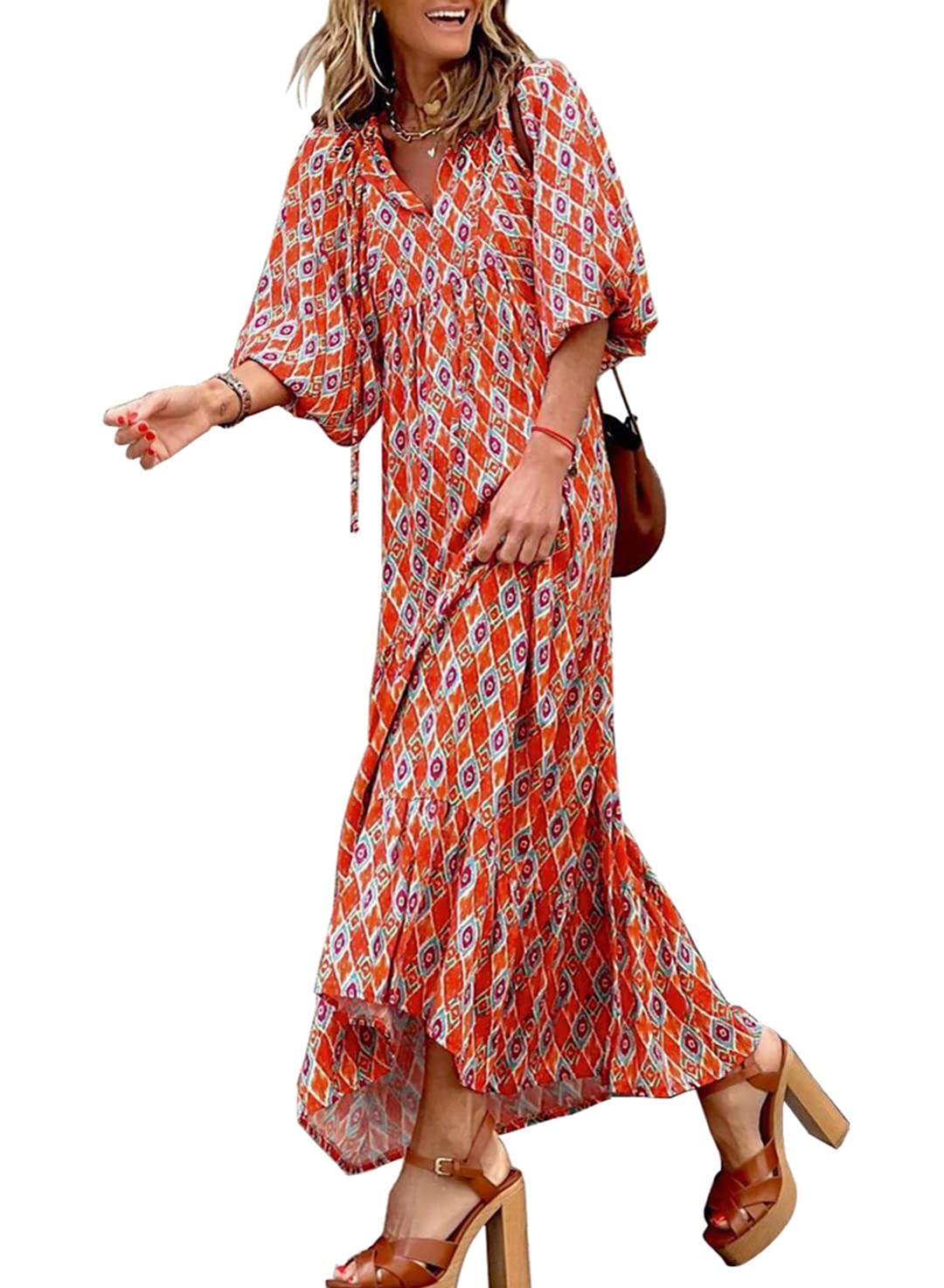 Owronline - Women's Puff Sleeve Floral Boho Maxi Dress