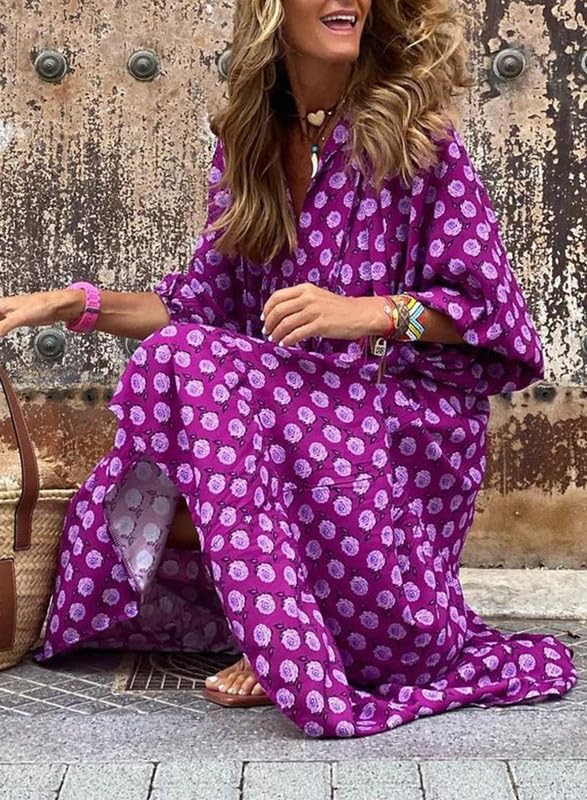 Owronline - Women's Puff Sleeve Floral Boho Maxi Dress