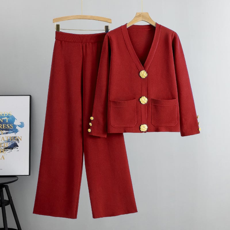 Fashion Metal Button Knit Wool Sweater Wide Leg Pants Set