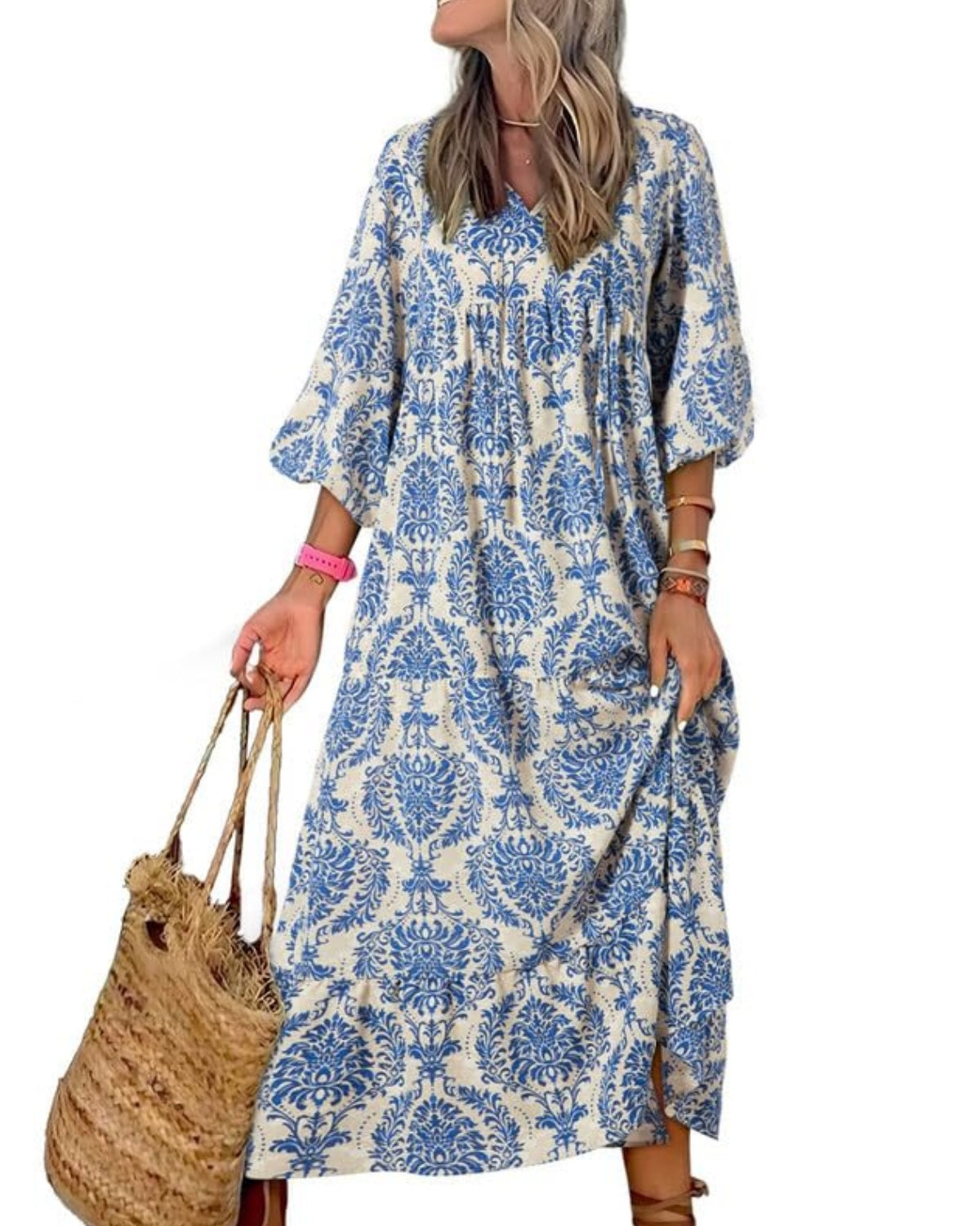 Owronline - Women's Puff Sleeve Floral Boho Maxi Dress