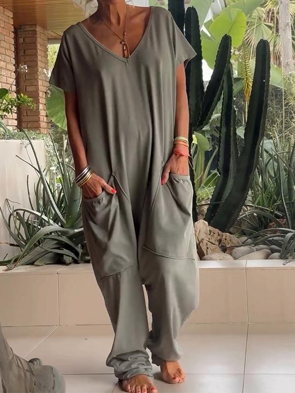 Owronline - Casual V-neck Solid Color Jumpsuit