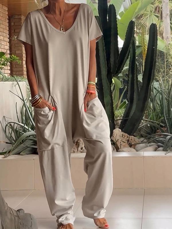 Owronline - Casual V-neck Solid Color Jumpsuit
