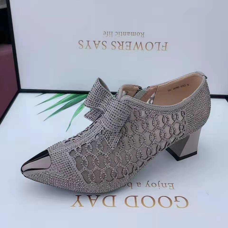 Owronline - Rhinestone hollow chunky heel shoes and new belt buckle solid color plus size women's sandals