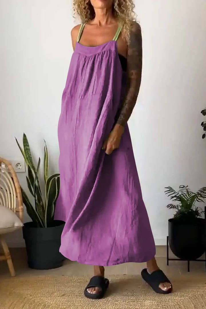 Owronline - Women's Simple Cotton And Linen Suspender Dress