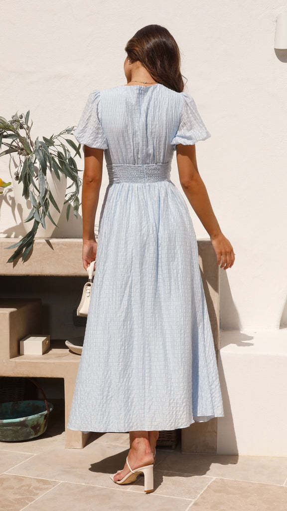 Owronline - Rustic V Neck Button Zip Pleated Slit Puff Sleeve Maxi Dress