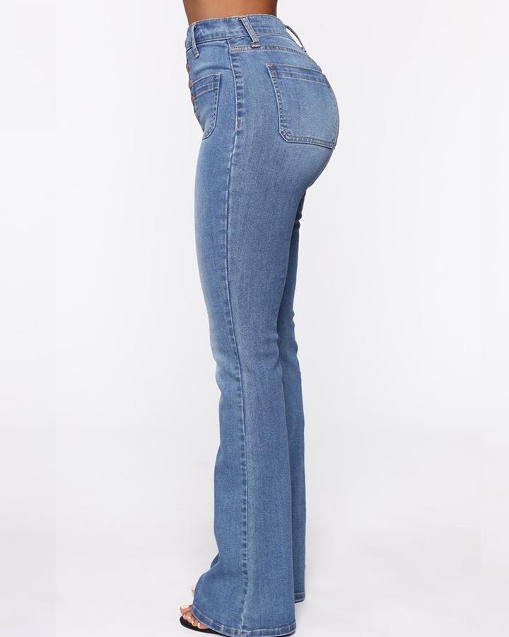 Owronline - Button Fly Booty Shaping High Waist Flare Jeans