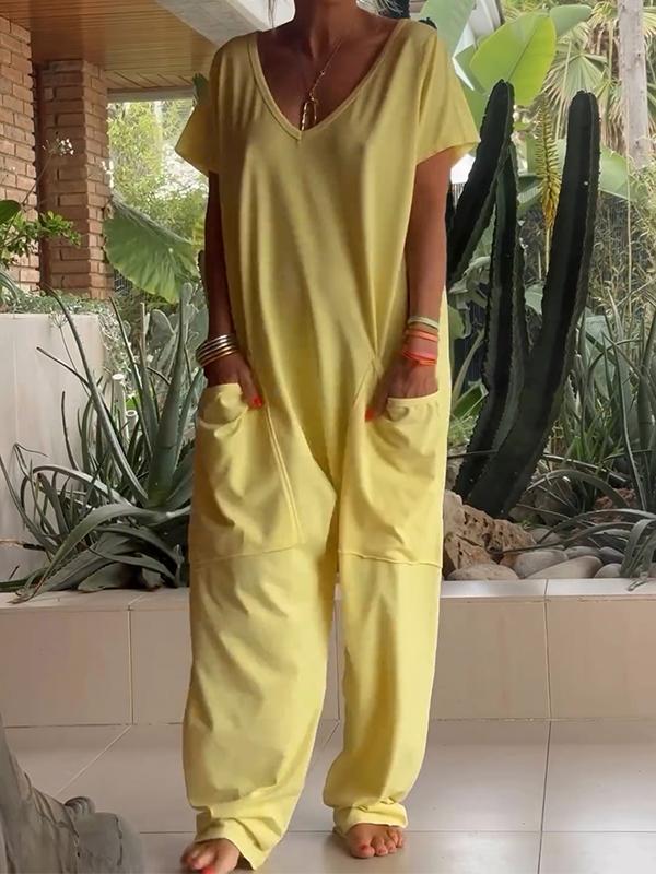 Owronline - Casual V-neck Solid Color Jumpsuit