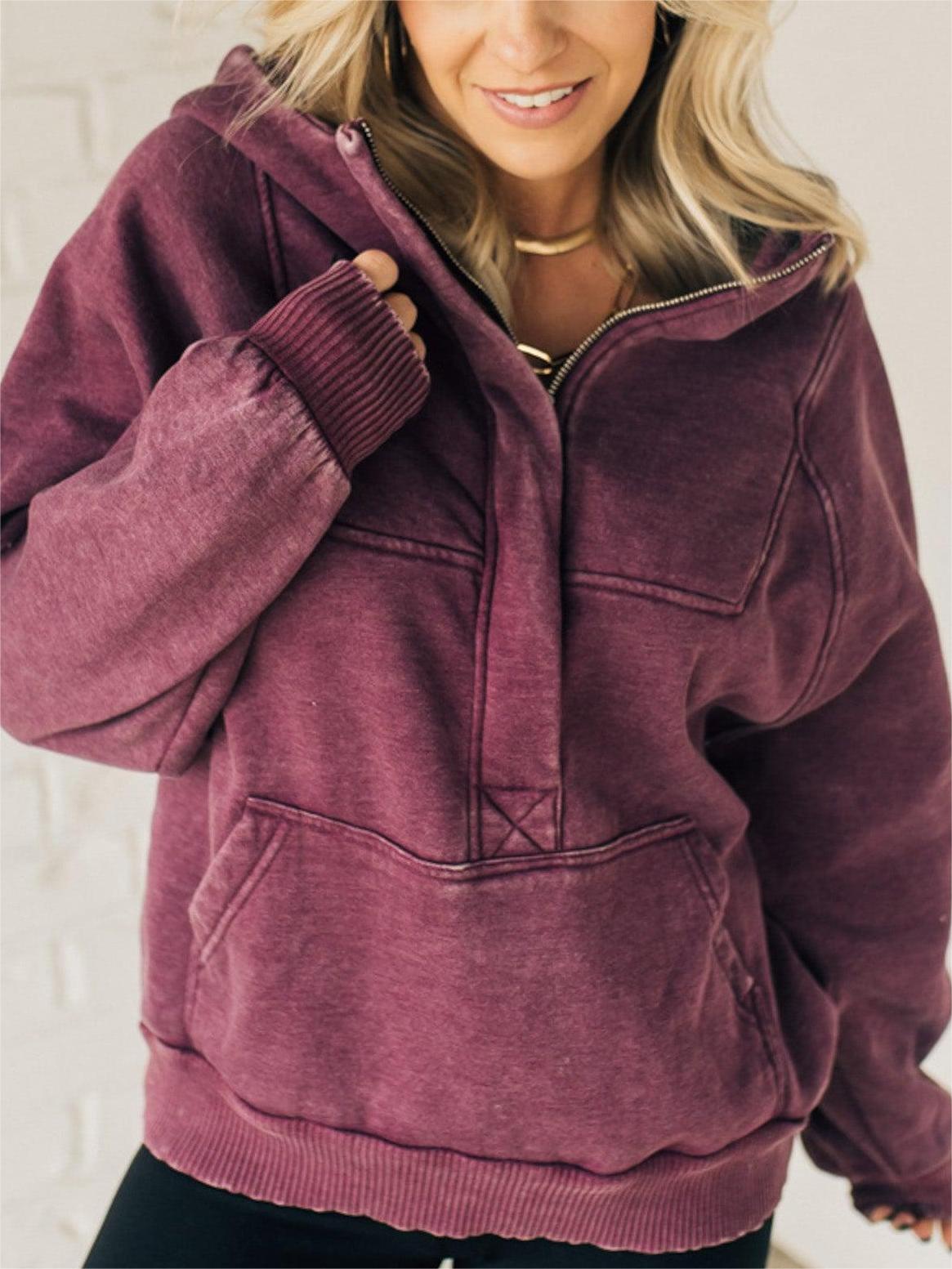 Owronline - Women's Zip Henley Acid Wash Fleece Hoodie
