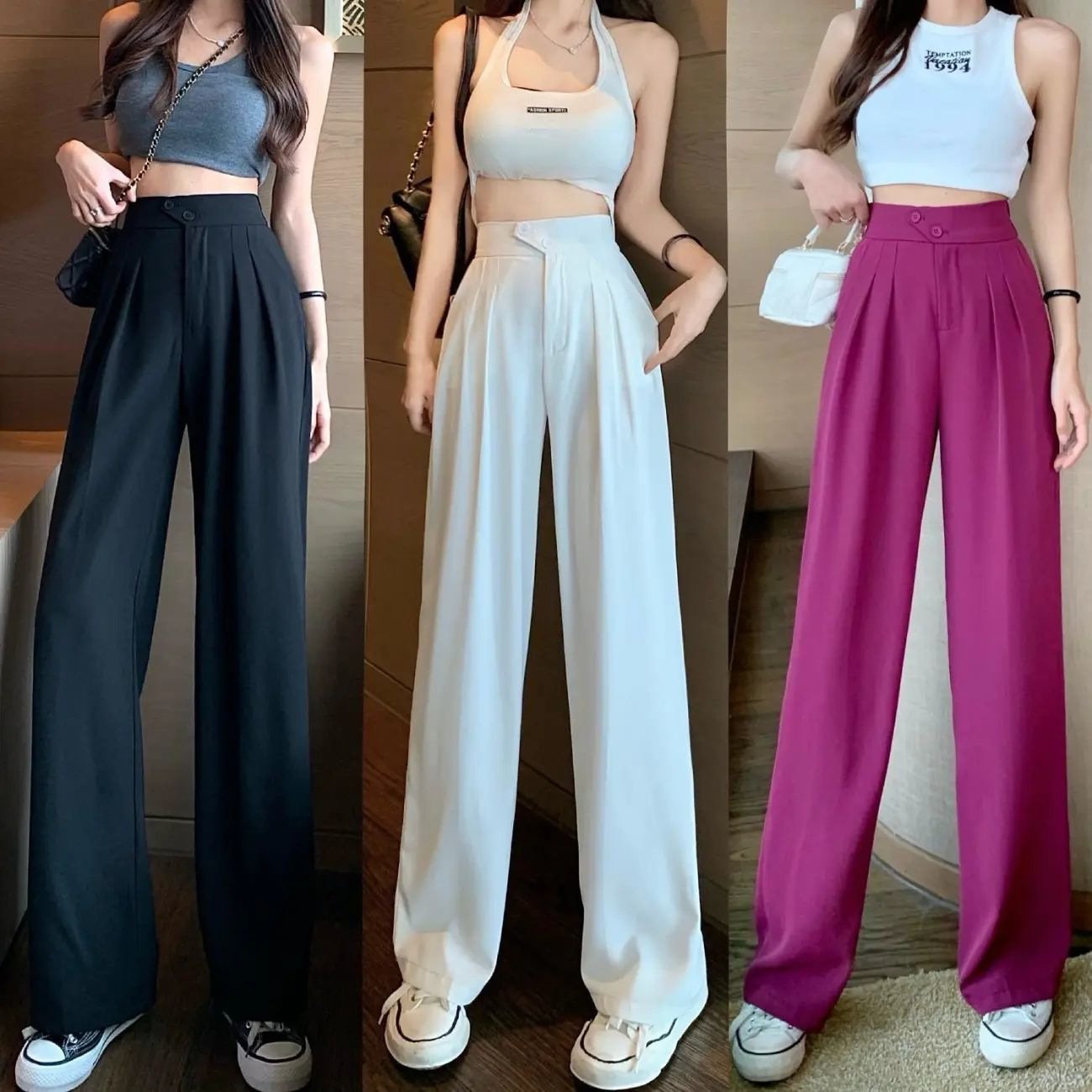 Owronline - Figure-flattering versatile high-waisted wide leg trousers