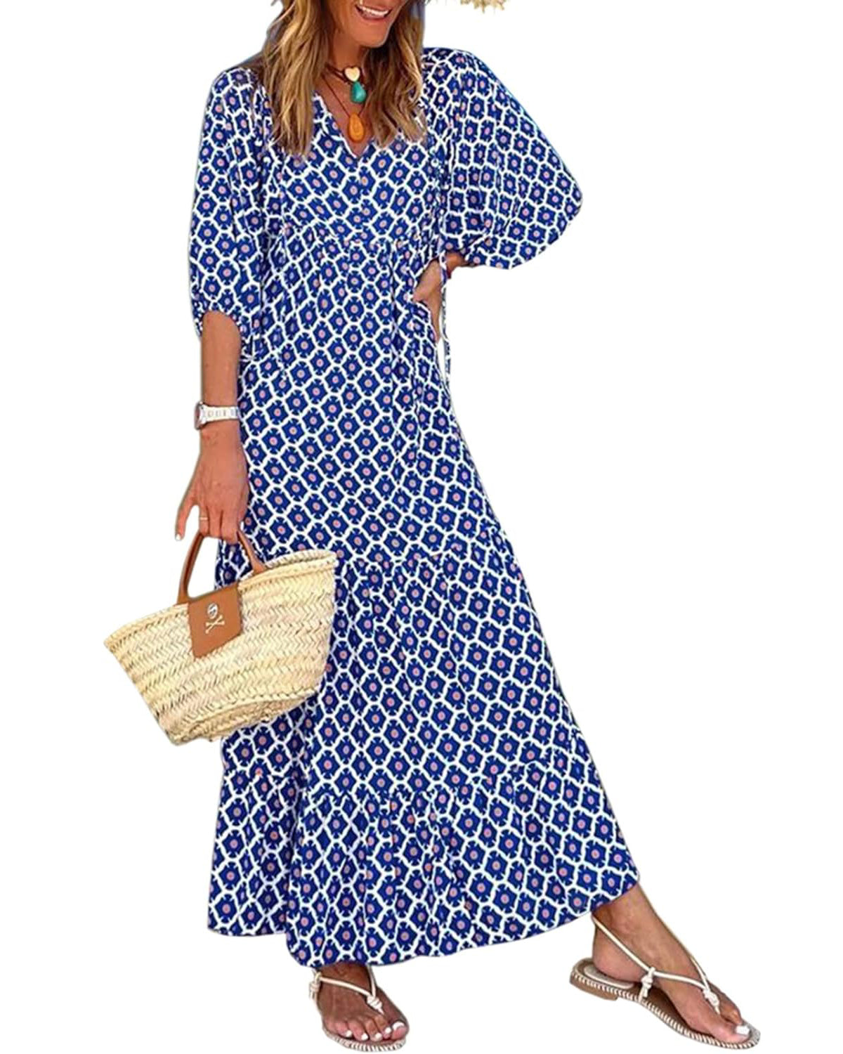 Owronline - Women's Puff Sleeve Floral Boho Maxi Dress