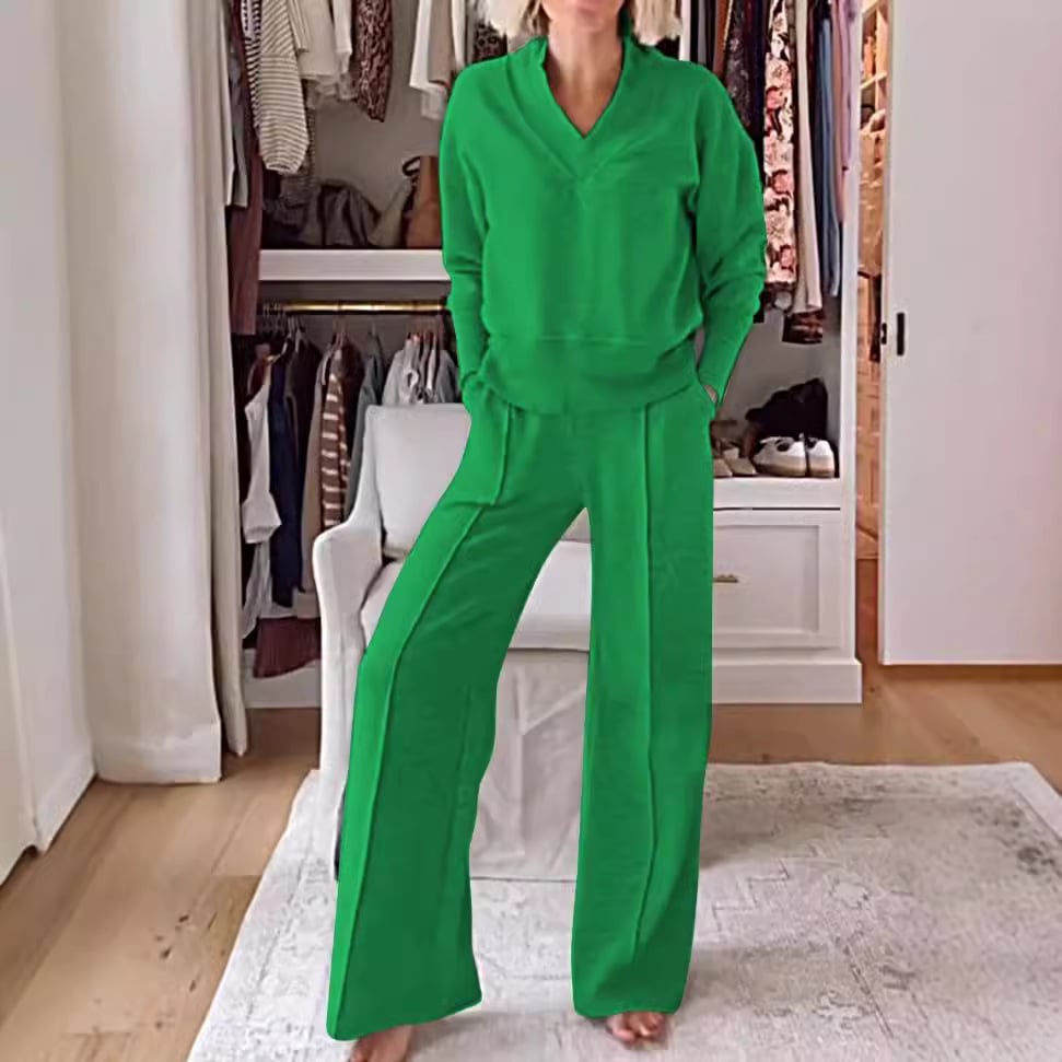 Owronline - Women's Solid Color V-neck Top & Pants Two-piece Set-II