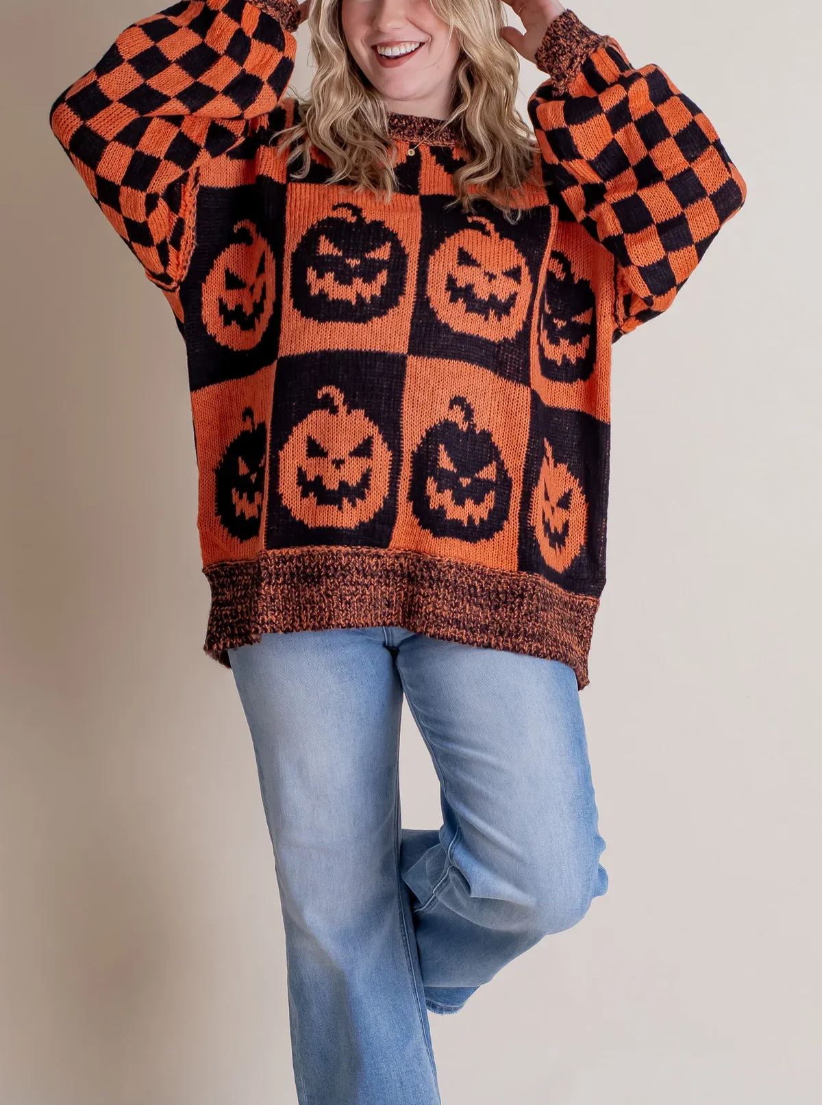 Owronline - Women's Halloween Checkered Sweater