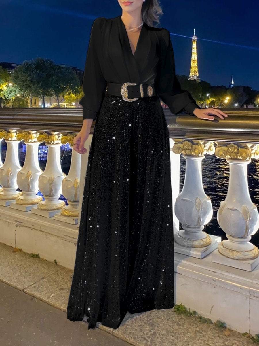 Owronline - Stylish V-Neck Long Sleeve Shirt & Sequin Wide Leg Pants Two Piece Set