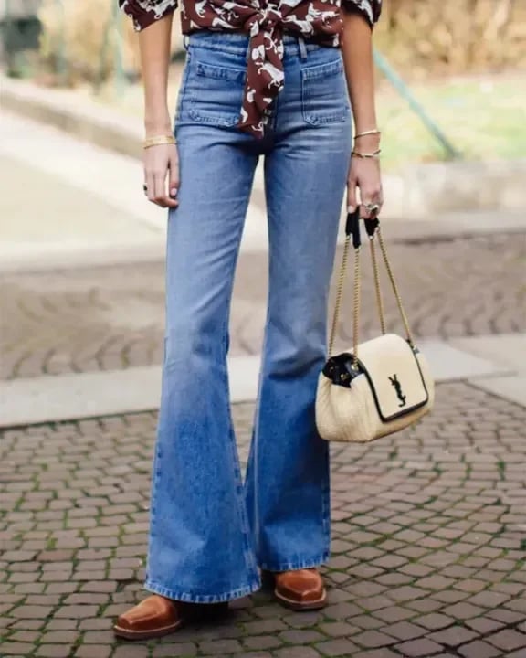Owronline - Button Fly Booty Shaping High Waist Flare Jeans