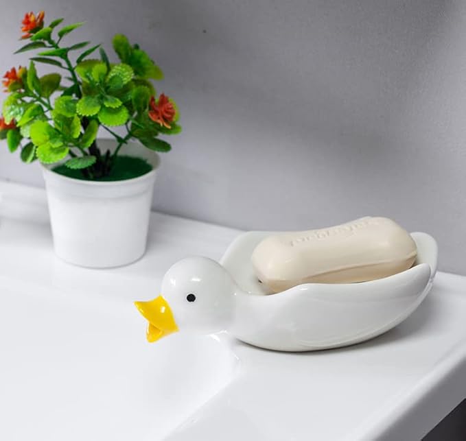 Owronline - Cute Ceramic Duck Soap Storage Drainer Box No Standing Water