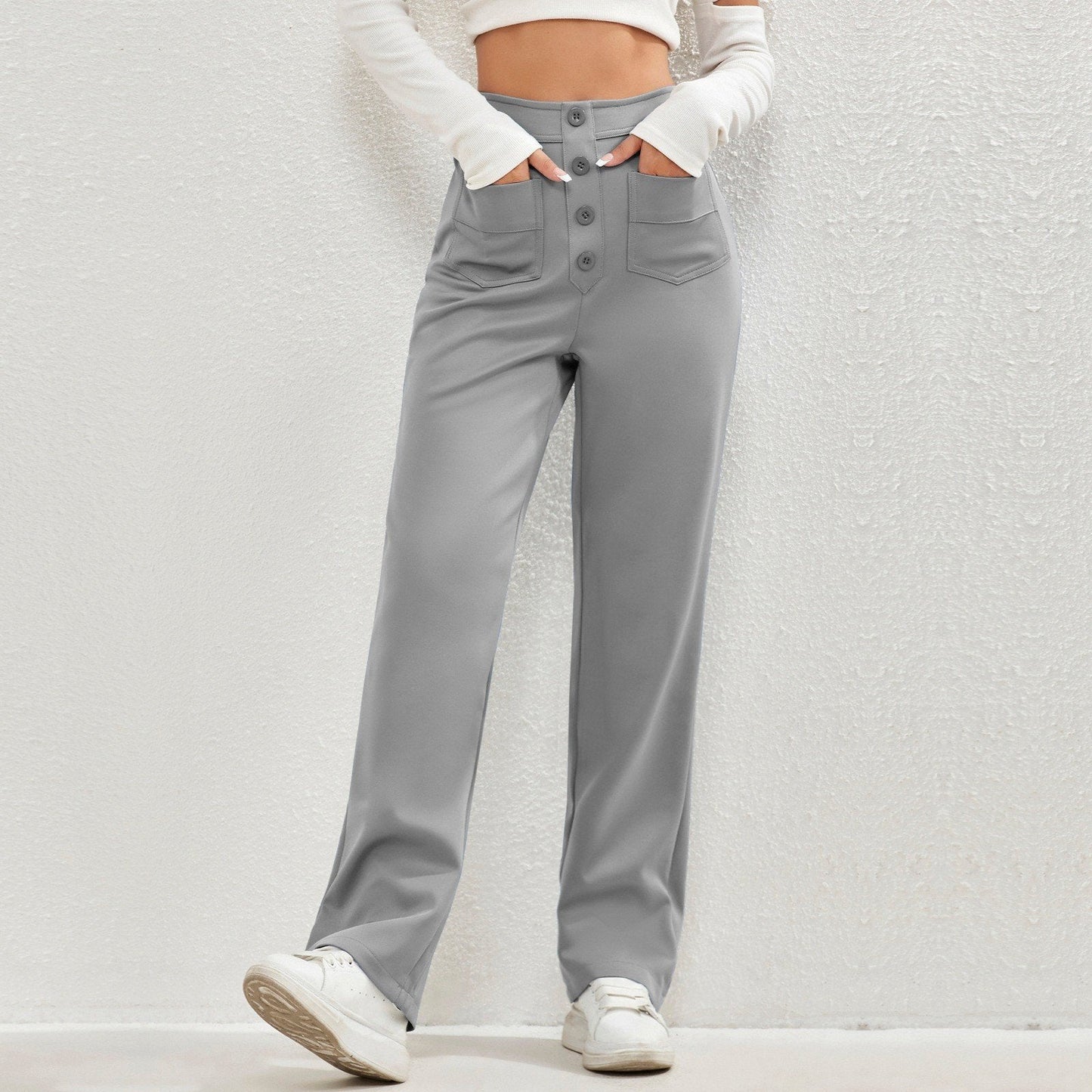 Owronline - High Waisted Button Multiple Pockets Straight Leg Casual Pants