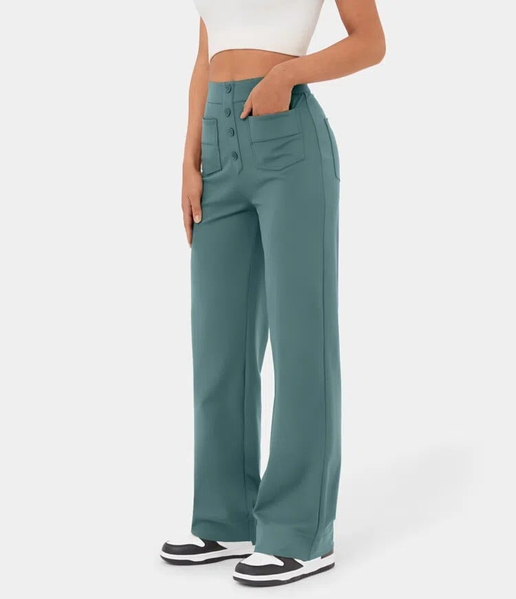 Owronline - High Waisted Button Multiple Pockets Straight Leg Casual Pants