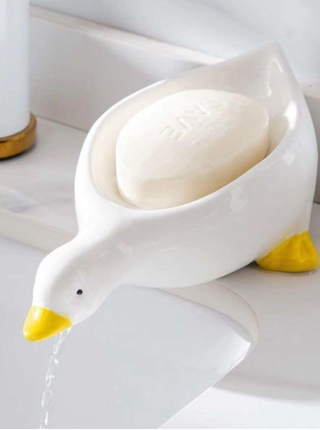 Owronline - Cute Ceramic Duck Soap Storage Drainer Box No Standing Water