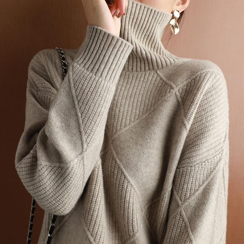 Owronline - Loose Cashmere Turtleneck Sweater Cardigan