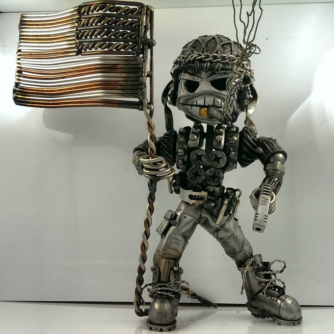 Owronline - Recycling/Scrap Metal Standing Warrior Sculpture Handmade-Piston Man