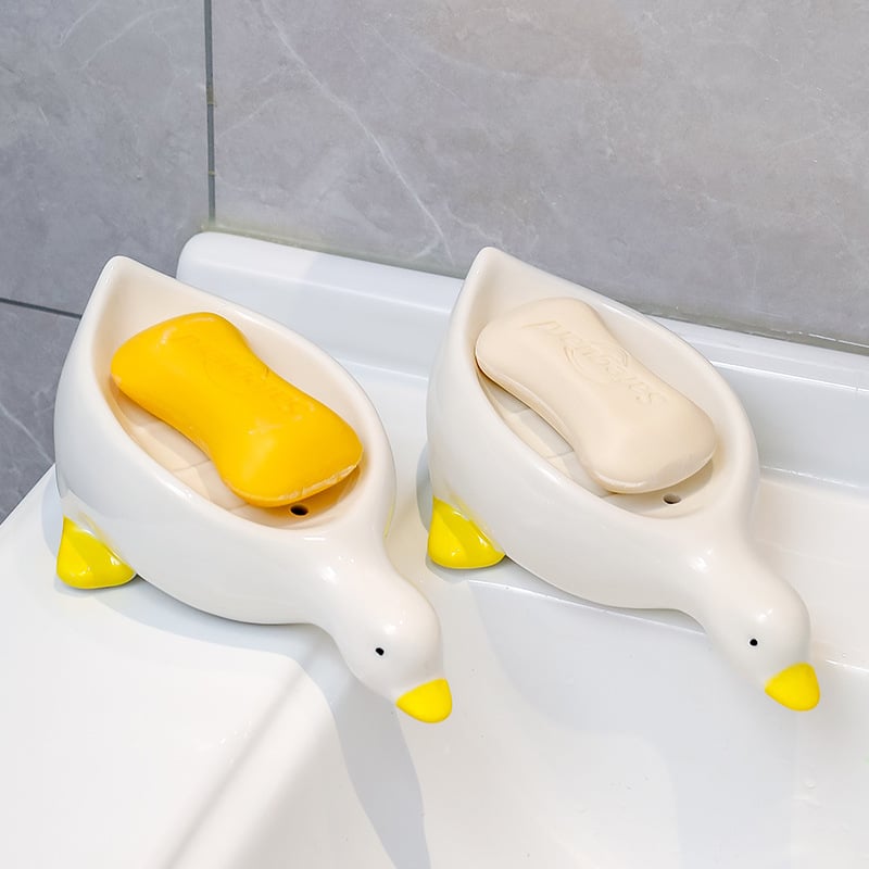 Owronline - Cute Ceramic Duck Soap Storage Drainer Box No Standing Water