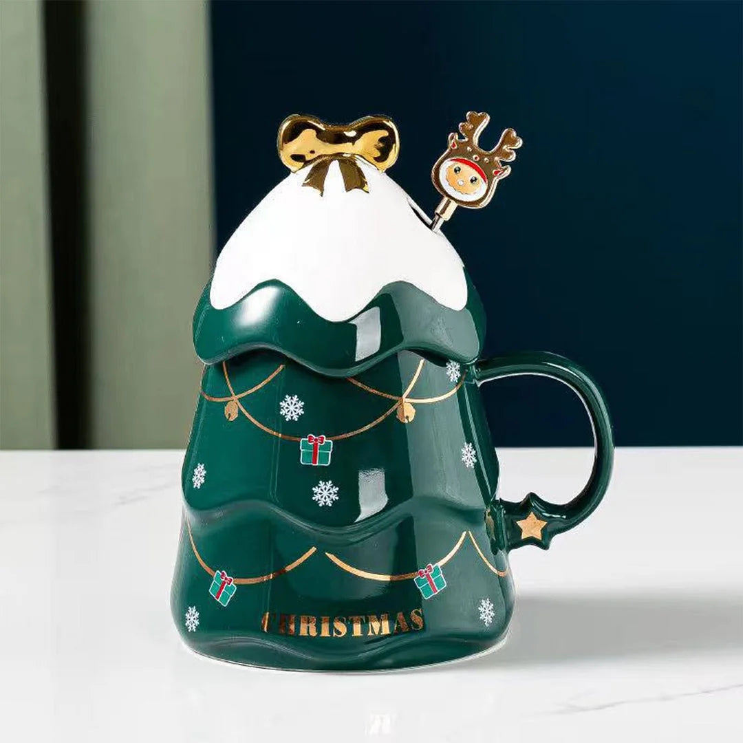 Owronline - Christmas Tree Mug With Lid Spoon