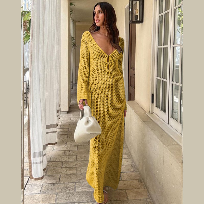 Owronline - Crochet Fishtail Flare Sleeve Maxi Dress