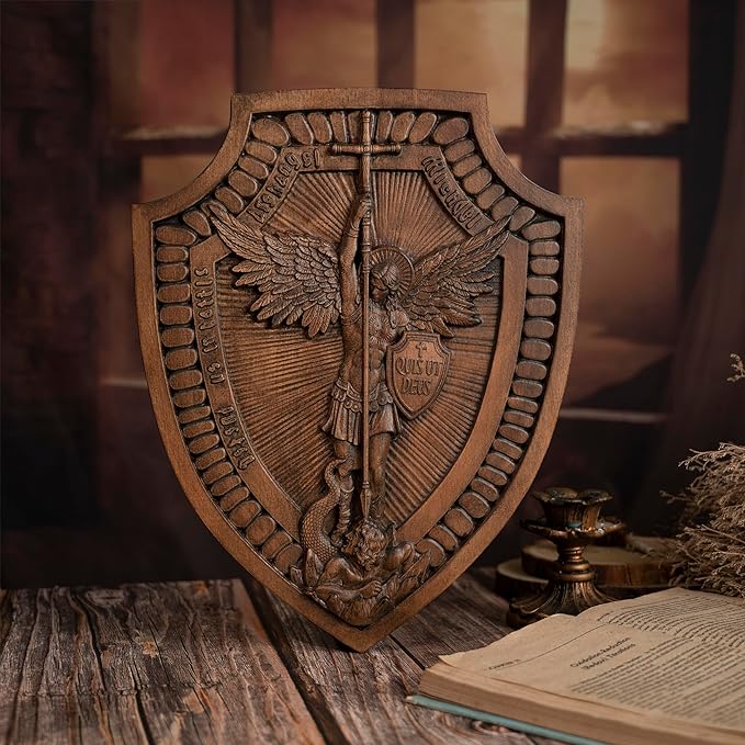 Owronline - Shield Archangel Michael solid wood carving gift