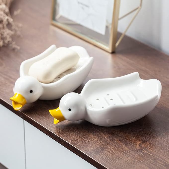 Owronline - Cute Ceramic Duck Soap Storage Drainer Box No Standing Water