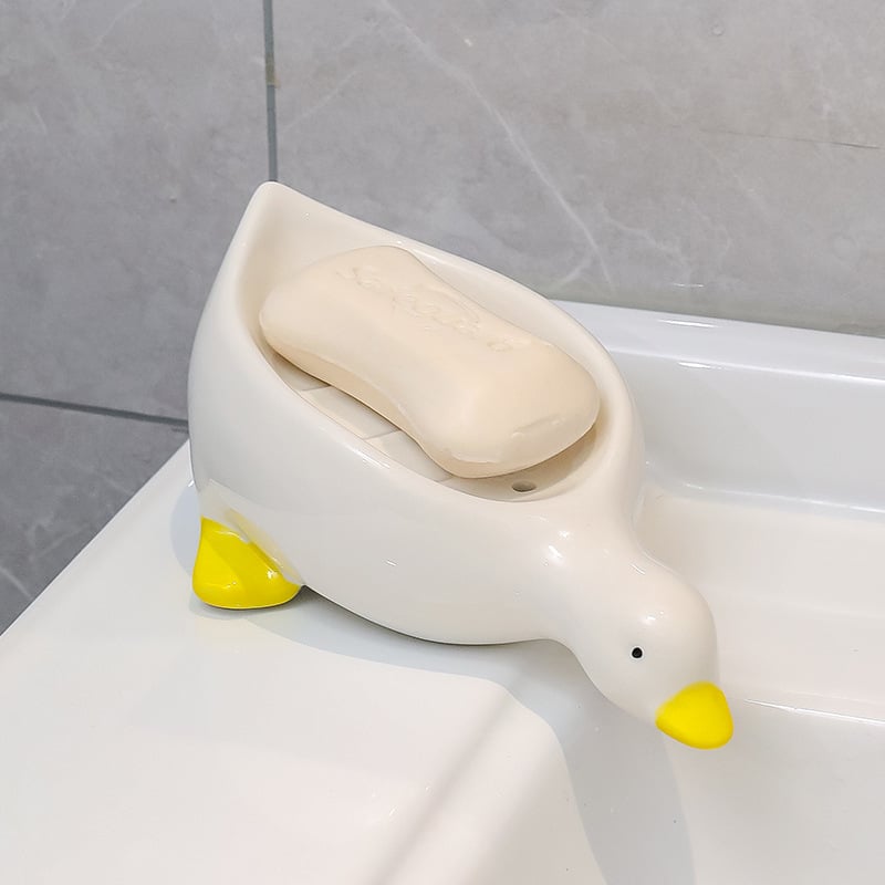 Owronline - Cute Ceramic Duck Soap Storage Drainer Box No Standing Water