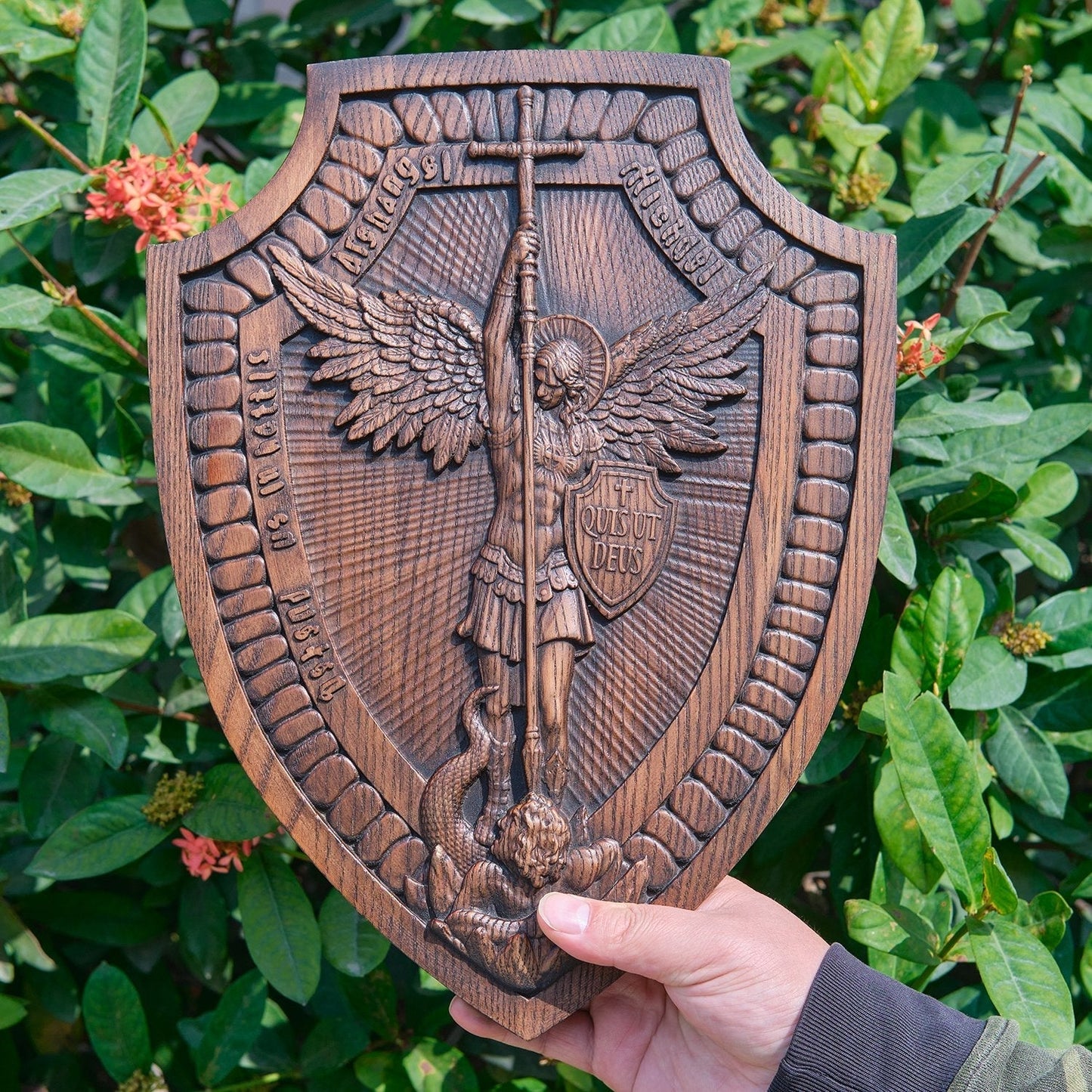 Owronline - Shield Archangel Michael solid wood carving gift