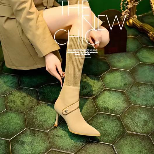 Owronline - Knitted Long Lointed Toe Stiletto Boots