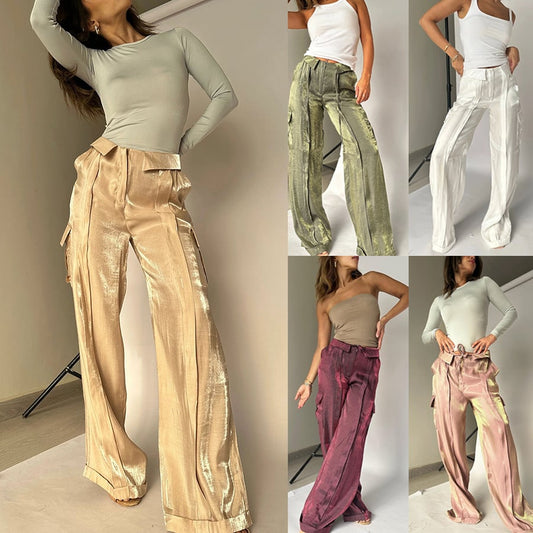 Owronline - Golden Years Glitter Fabric Drawstring Waist Bag Wide Leg Pants