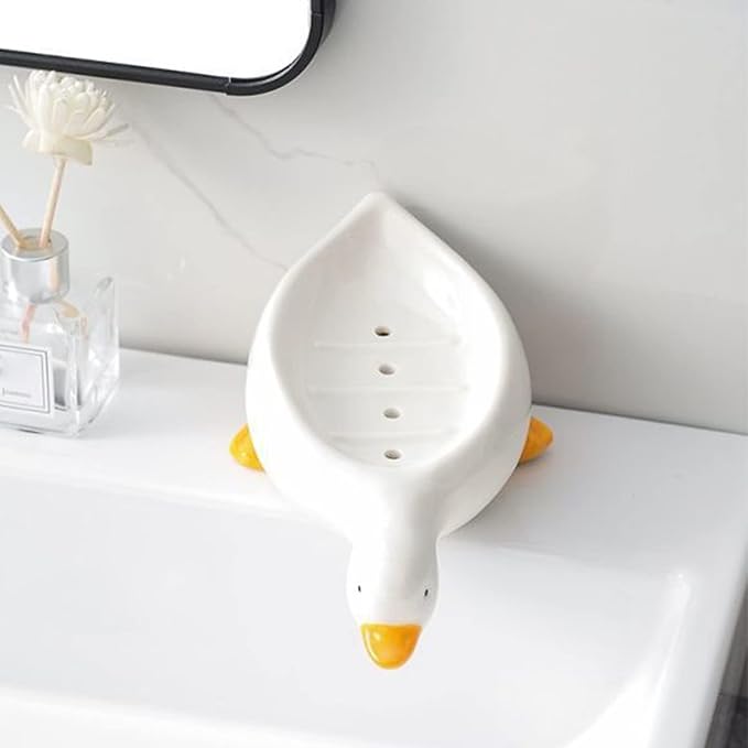 Owronline - Cute Ceramic Duck Soap Storage Drainer Box No Standing Water