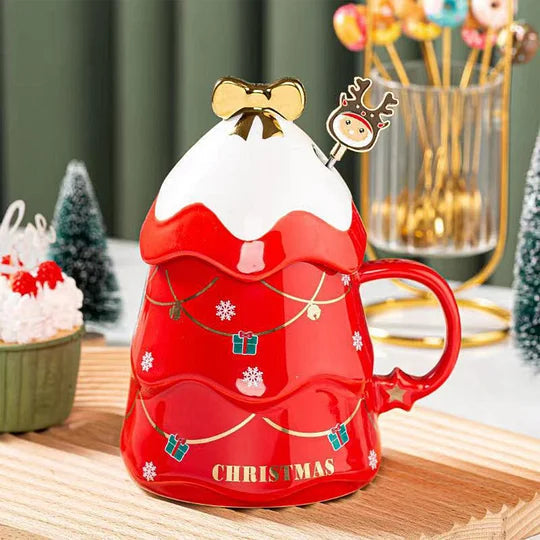 Owronline - Christmas Tree Mug With Lid Spoon