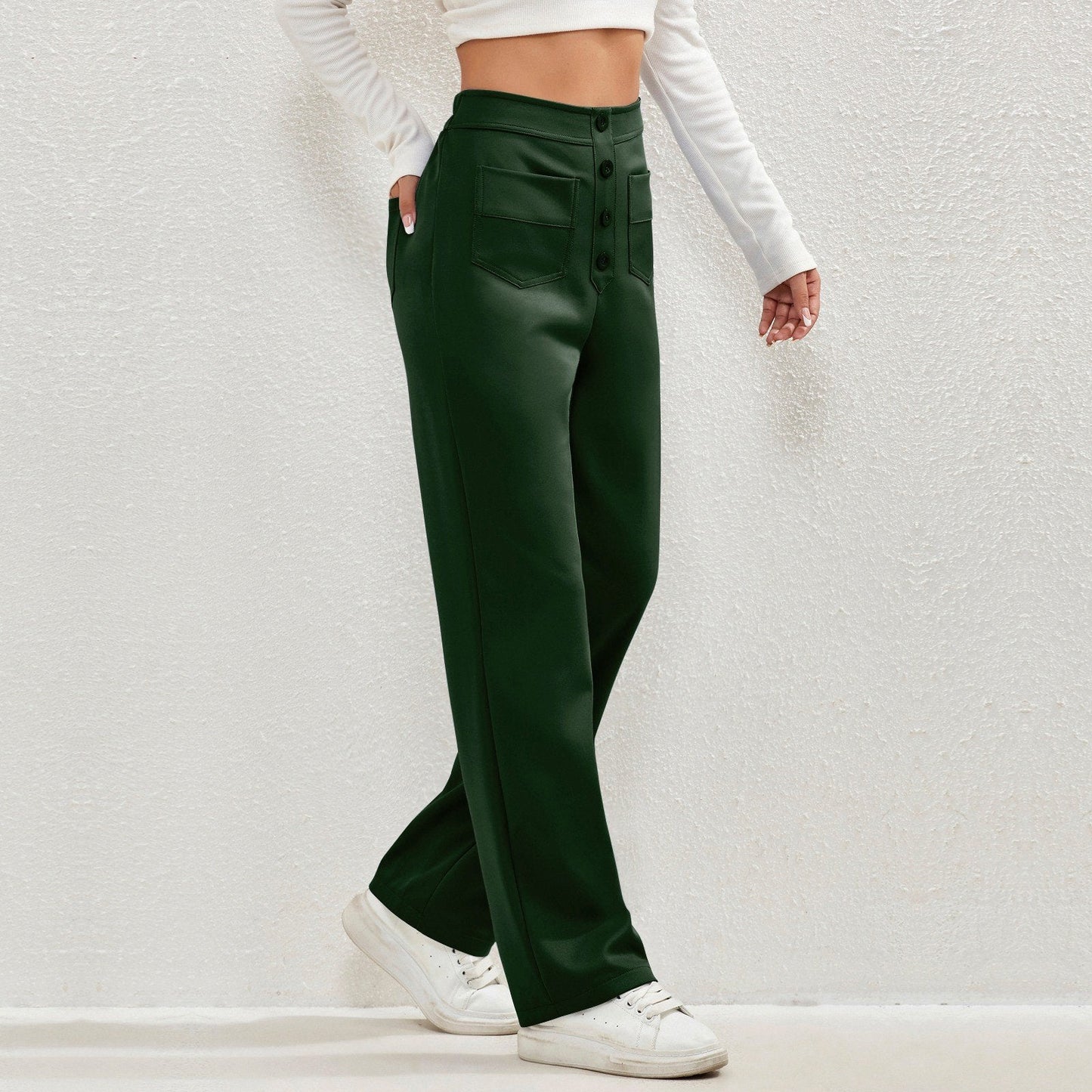 Owronline - High Waisted Button Multiple Pockets Straight Leg Casual Pants