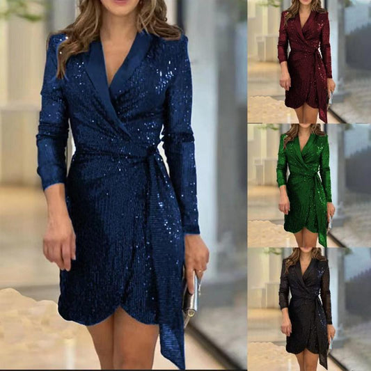 Owronline - Fashion sexy sequin solid color solid waist dress for lady