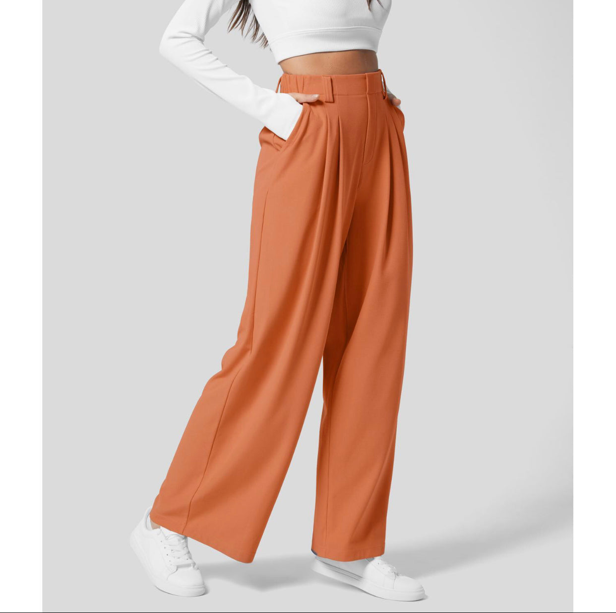 Owronline - High Waisted Plicated Side Pocket Wide Leg Waffle Casual Pants