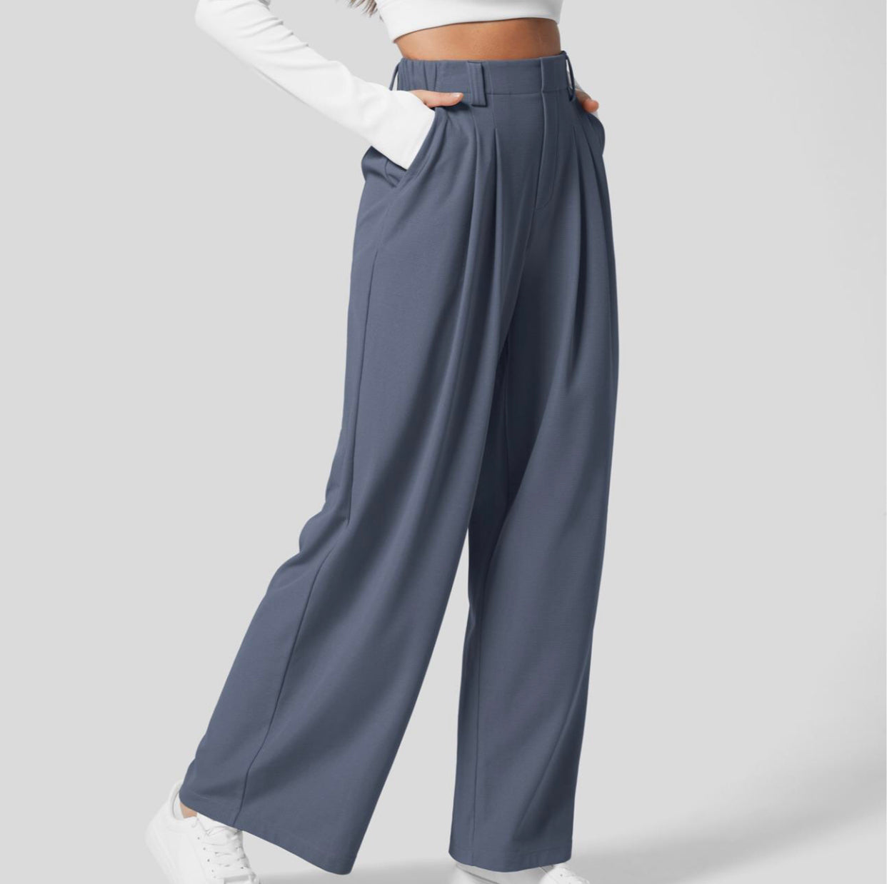 Owronline - High Waisted Plicated Side Pocket Wide Leg Waffle Casual Pants