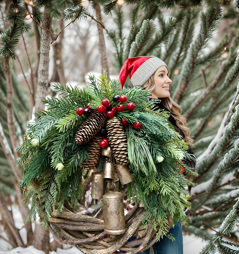 Owronline - Farmhouse Christmas Wreath, Boho Wreath, Holiday Wreath