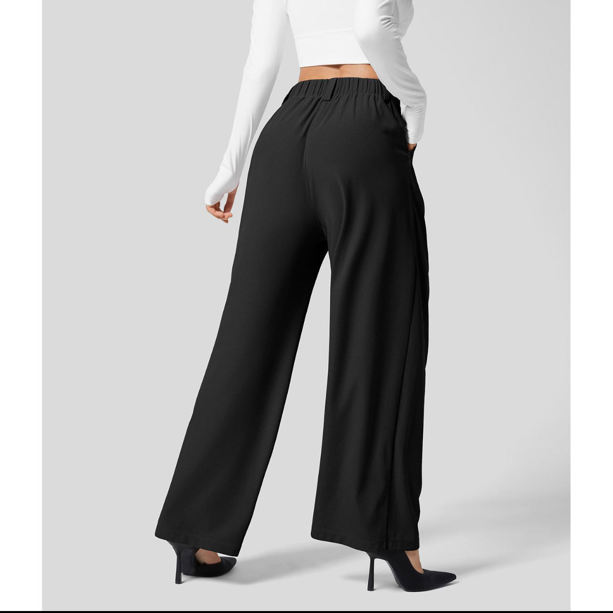 Owronline - High Waisted Plicated Side Pocket Wide Leg Waffle Casual Pants