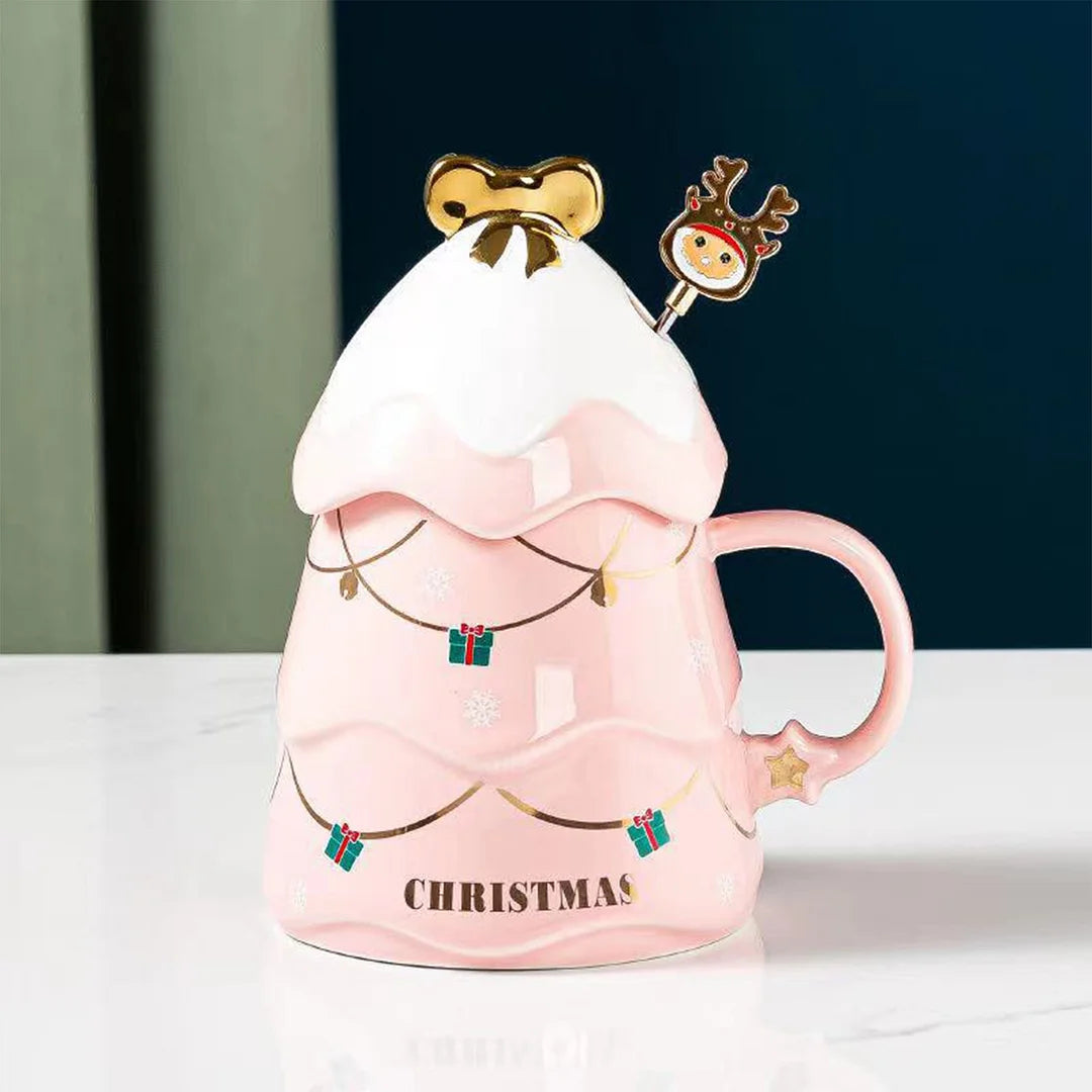 Owronline - Christmas Tree Mug With Lid Spoon