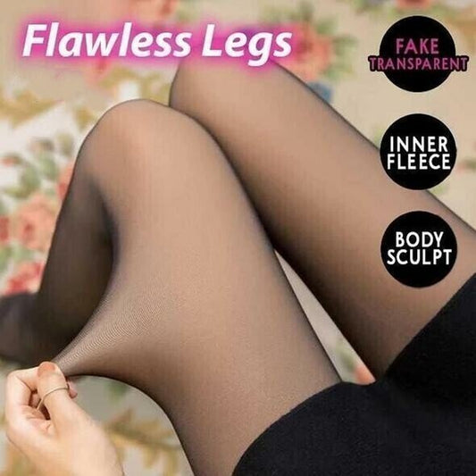 Owronline - Flawless Legs Fake Translucent Warm Plush Lined Elastic Tights