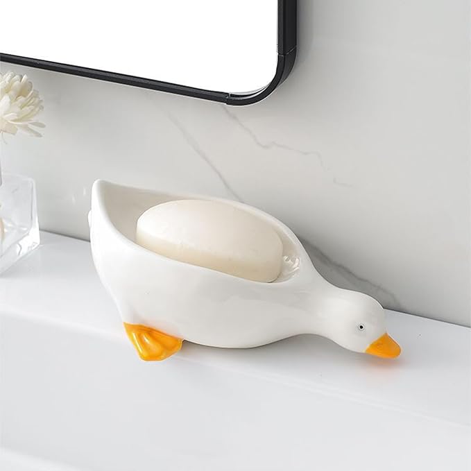 Owronline - Cute Ceramic Duck Soap Storage Drainer Box No Standing Water