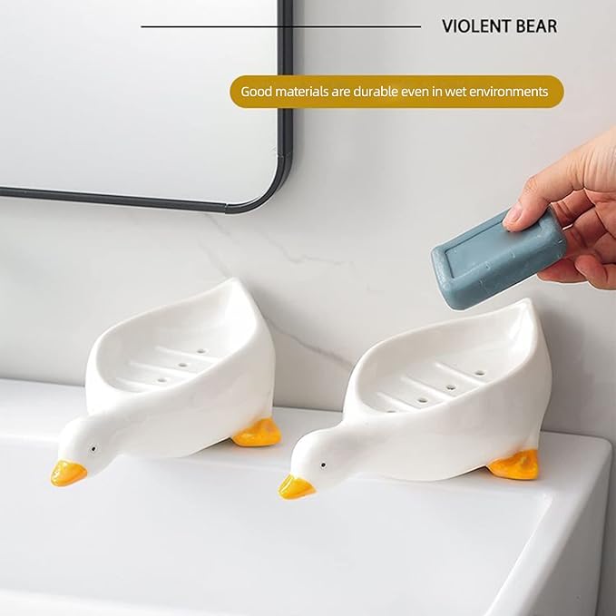 Owronline - Cute Ceramic Duck Soap Storage Drainer Box No Standing Water