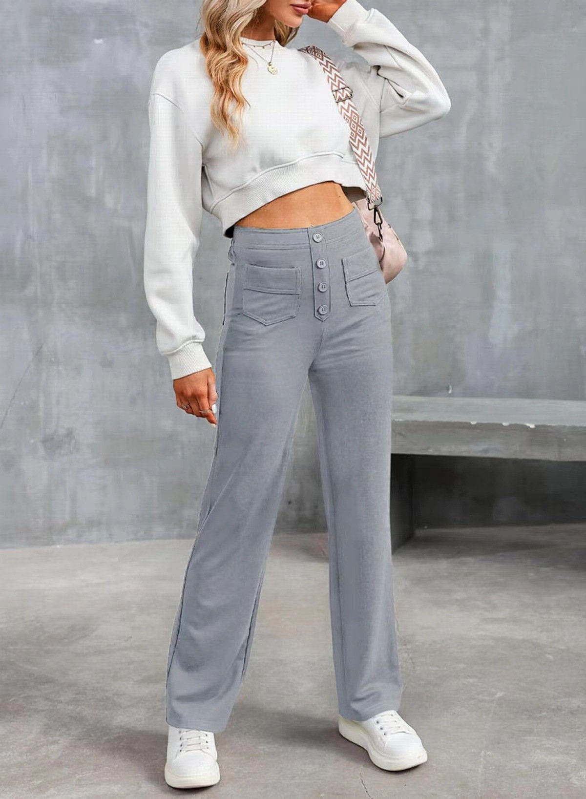 Owronline - High Waisted Button Multiple Pockets Straight Leg Casual Pants